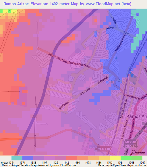 Ramos Arizpe,Mexico Elevation Map