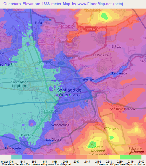 Queretaro,Mexico Elevation Map