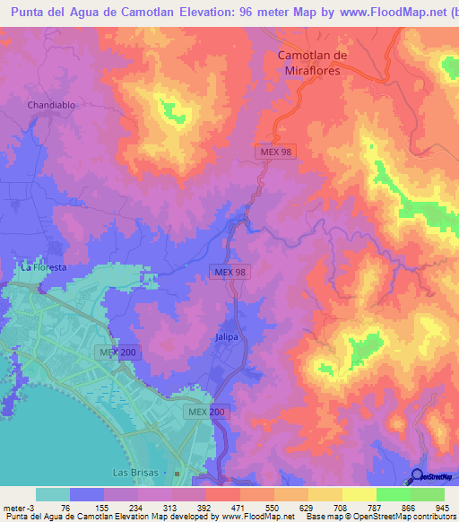 Punta del Agua de Camotlan,Mexico Elevation Map