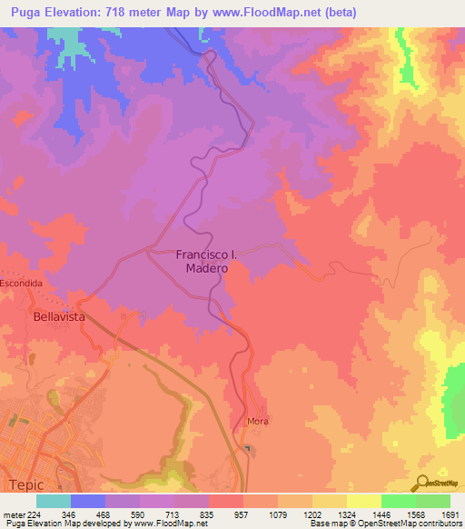 Puga,Mexico Elevation Map