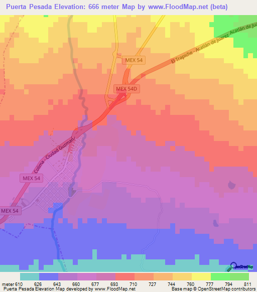 Puerta Pesada,Mexico Elevation Map