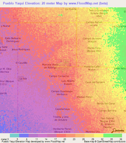 Pueblo Yaqui,Mexico Elevation Map