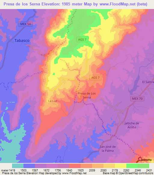 Presa de los Serna,Mexico Elevation Map