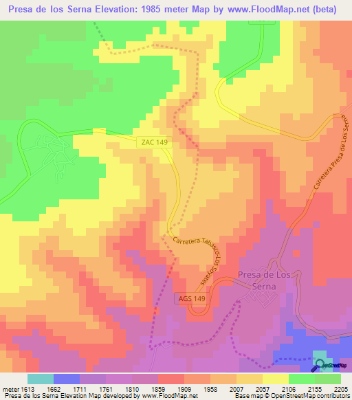 Presa de los Serna,Mexico Elevation Map