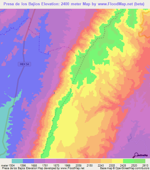 Presa de los Bajios,Mexico Elevation Map