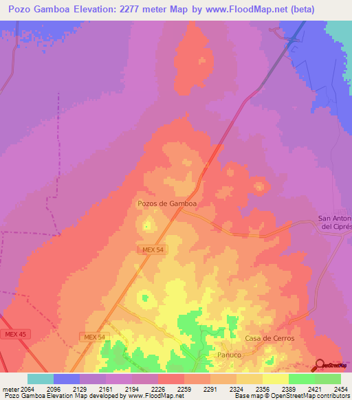 Pozo Gamboa,Mexico Elevation Map