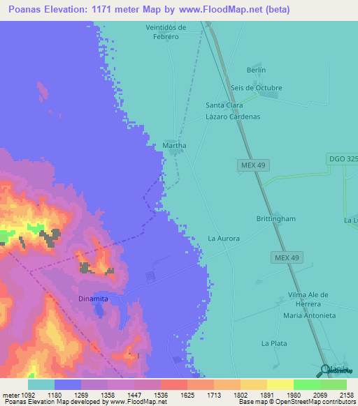 Poanas,Mexico Elevation Map