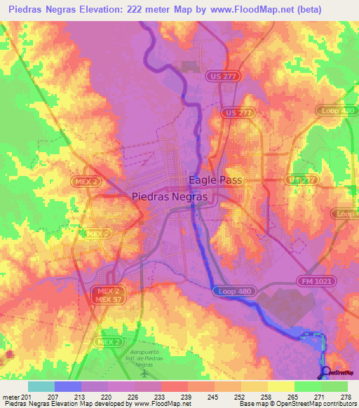 Piedras Negras,Mexico Elevation Map