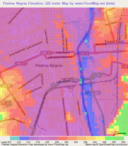 Piedras Negras,Mexico Elevation Map