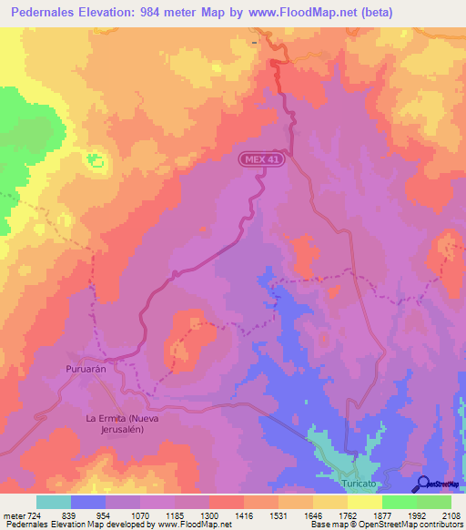 Pedernales,Mexico Elevation Map