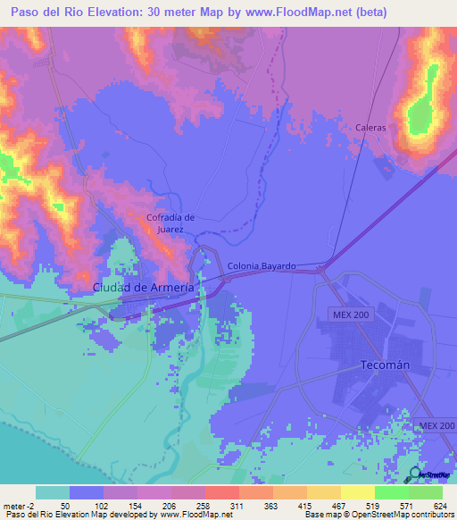 Paso del Rio,Mexico Elevation Map