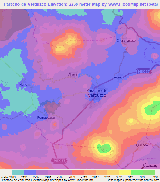 Paracho de Verduzco,Mexico Elevation Map