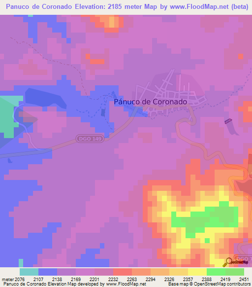 Panuco de Coronado,Mexico Elevation Map