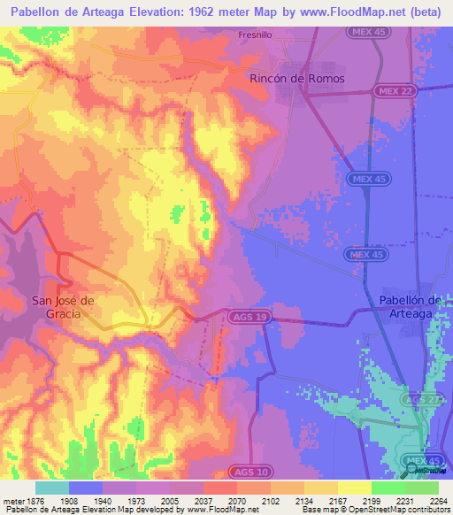 Pabellon de Arteaga,Mexico Elevation Map