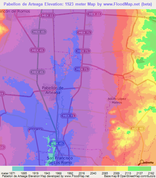 Pabellon de Arteaga,Mexico Elevation Map