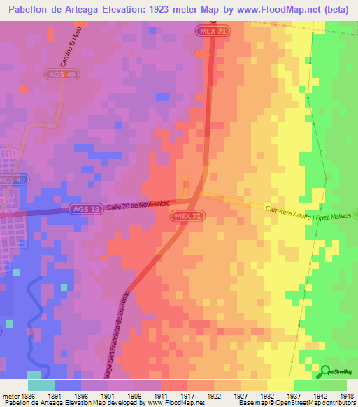 Pabellon de Arteaga,Mexico Elevation Map