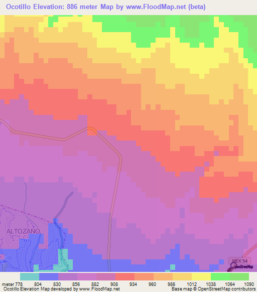 Ocotillo,Mexico Elevation Map