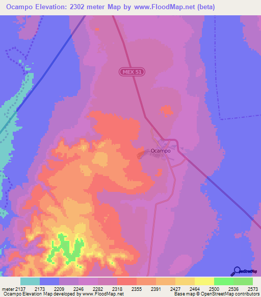 Ocampo,Mexico Elevation Map