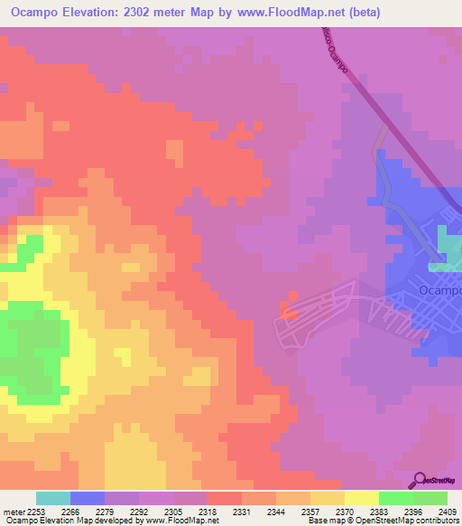 Ocampo,Mexico Elevation Map