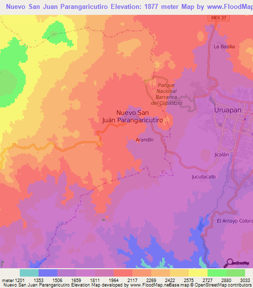 Nuevo San Juan Parangaricutiro,Mexico Elevation Map
