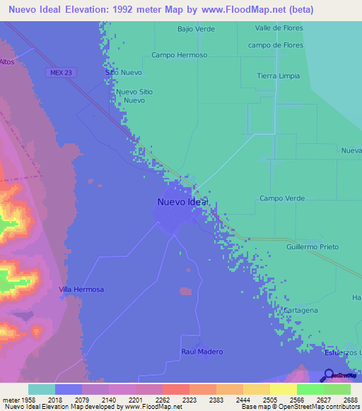 Nuevo Ideal,Mexico Elevation Map