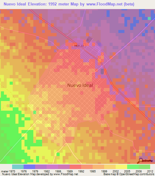 Nuevo Ideal,Mexico Elevation Map