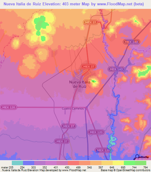 Nueva Italia de Ruiz,Mexico Elevation Map