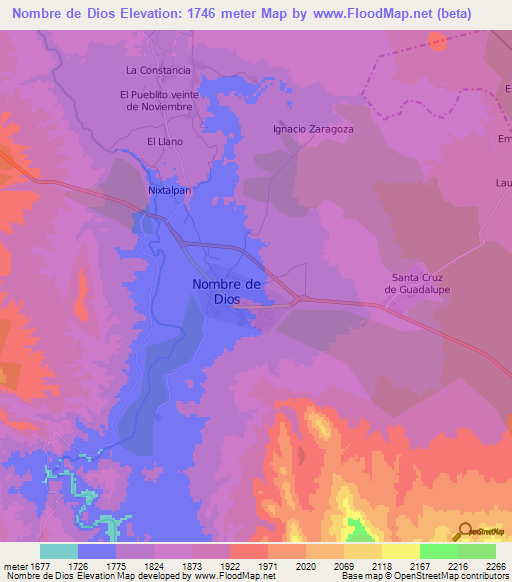 Nombre de Dios,Mexico Elevation Map