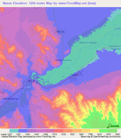 Nazas,Mexico Elevation Map