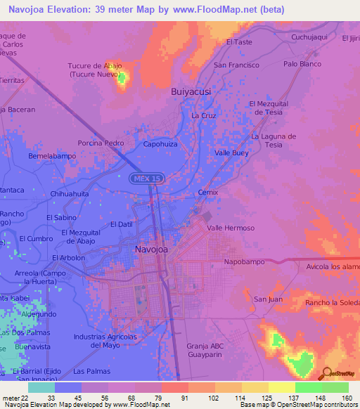 Navojoa,Mexico Elevation Map