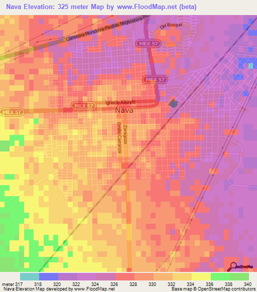 Nava,Mexico Elevation Map