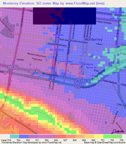 Monterrey,Mexico Elevation Map