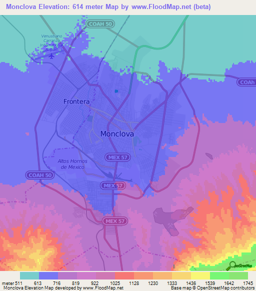 Monclova,Mexico Elevation Map