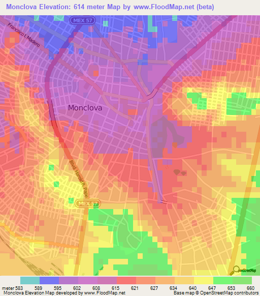 Monclova,Mexico Elevation Map