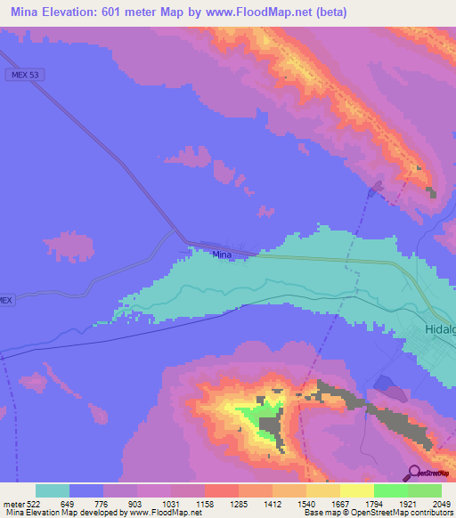 Mina,Mexico Elevation Map