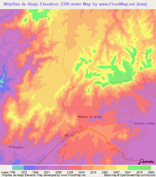 Milpillas de Abajo,Mexico Elevation Map