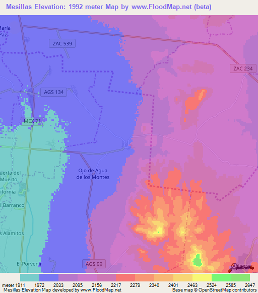 Mesillas,Mexico Elevation Map