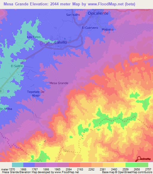 Mesa Grande,Mexico Elevation Map