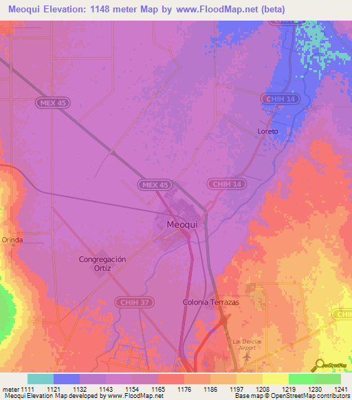 Meoqui,Mexico Elevation Map