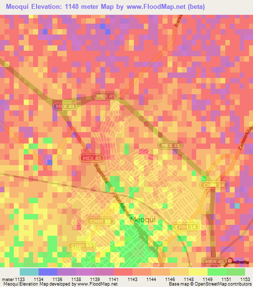 Meoqui,Mexico Elevation Map