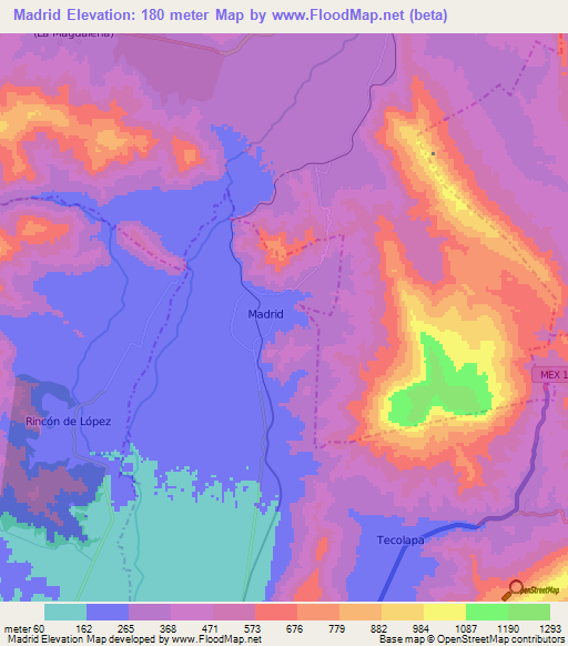 Madrid,Mexico Elevation Map