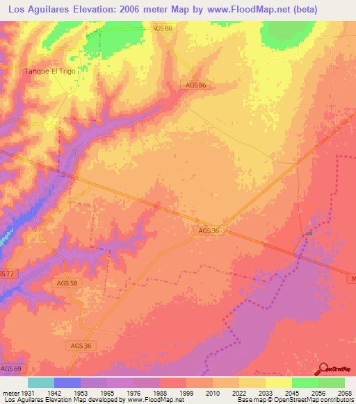 Los Aguilares,Mexico Elevation Map