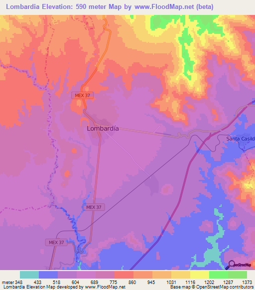 Lombardia,Mexico Elevation Map