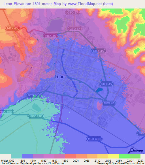 Leon,Mexico Elevation Map