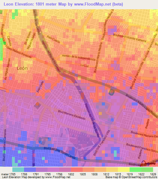 Leon,Mexico Elevation Map