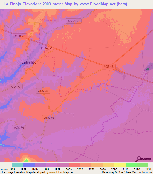 La Tinaja,Mexico Elevation Map