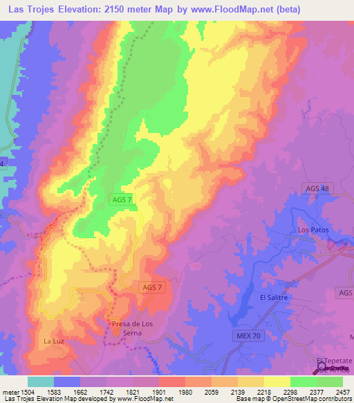 Las Trojes,Mexico Elevation Map