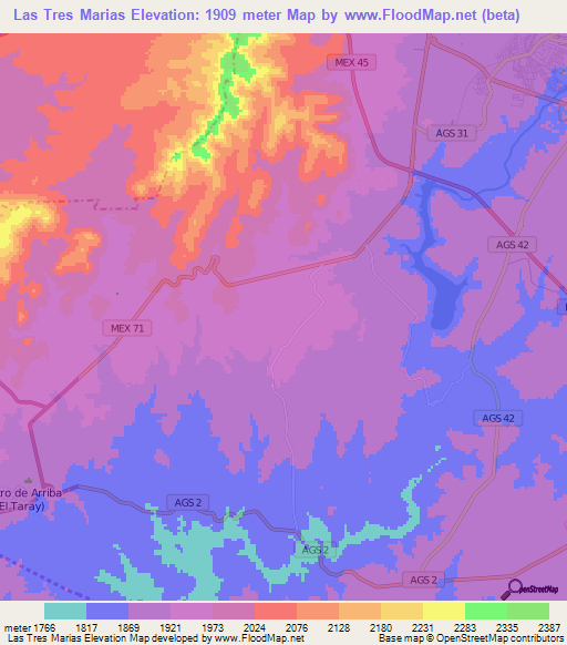 Las Tres Marias,Mexico Elevation Map