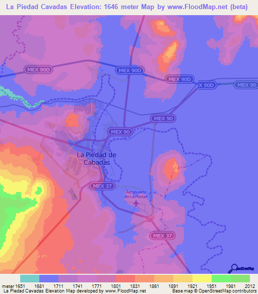 La Piedad Cavadas,Mexico Elevation Map