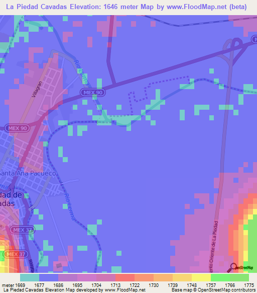 La Piedad Cavadas,Mexico Elevation Map